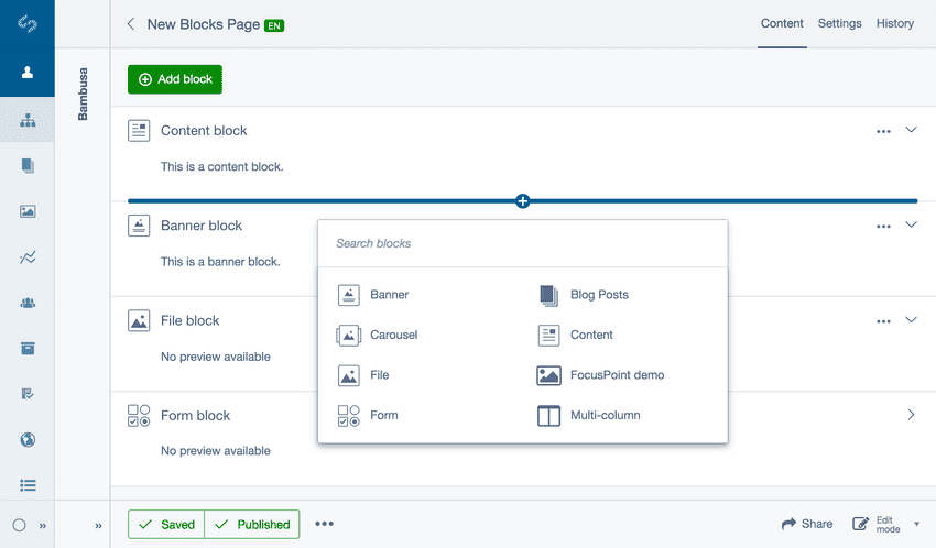 Adding in-page blocks