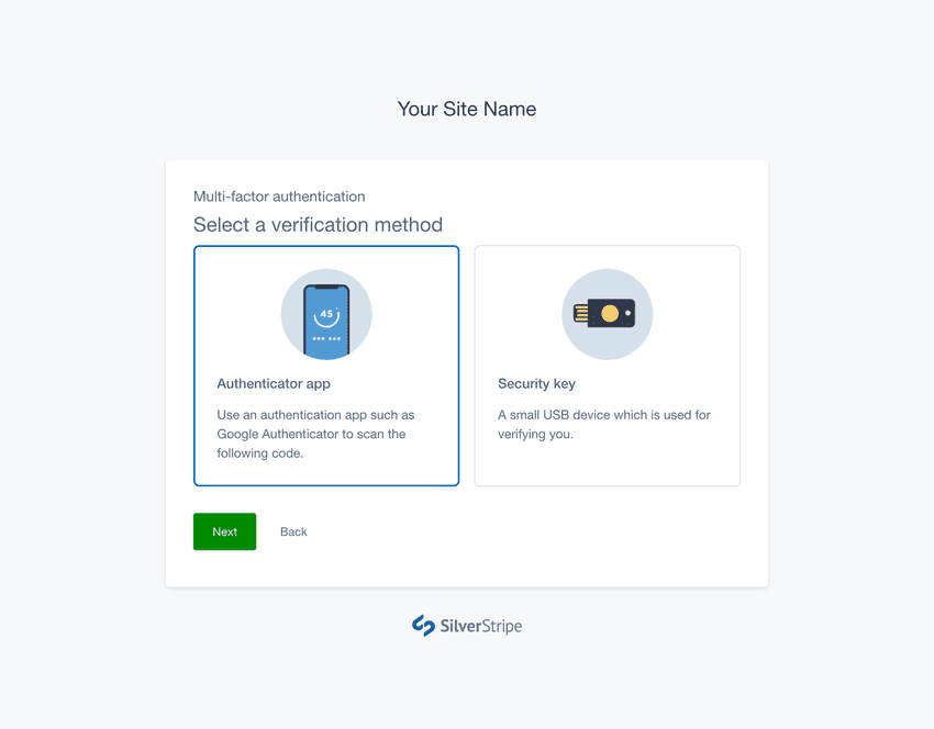 A screenshot of the Select Method step in the MFA setup flow