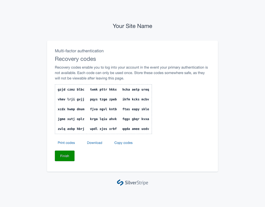 A screenshot of the Backup Codes step in the MFA setup flow