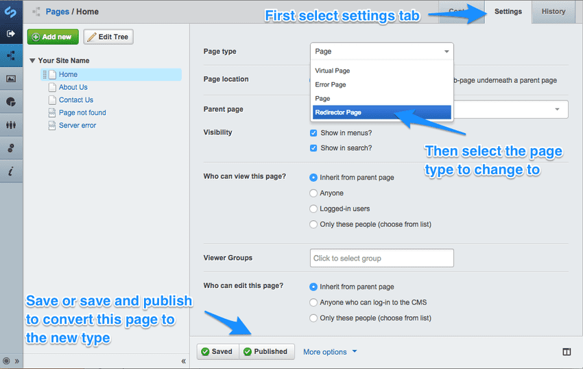 Changing page type