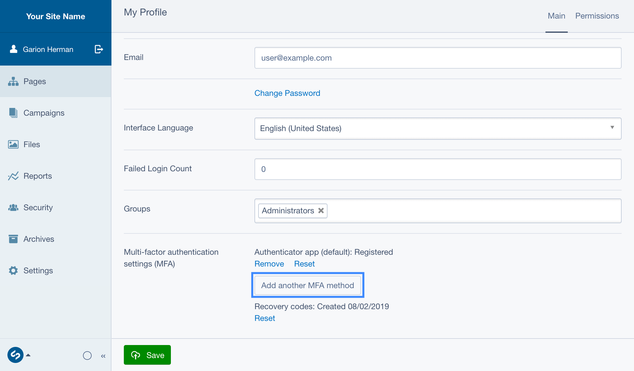 A screenshot of the MFA settings field on a user's CMS profile, with the 'Add another MFA method' highlighted
