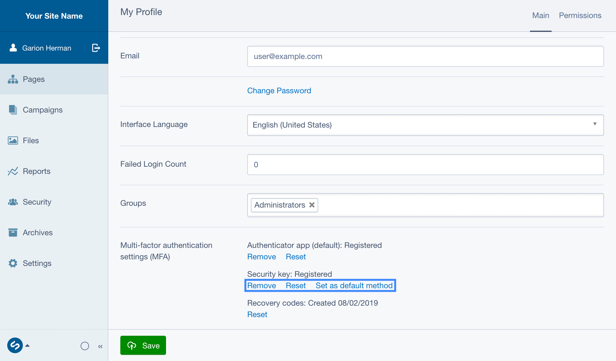 A screenshot of the MFA settings field on a user's CMS profile, with the actions related to a registered method highlighted