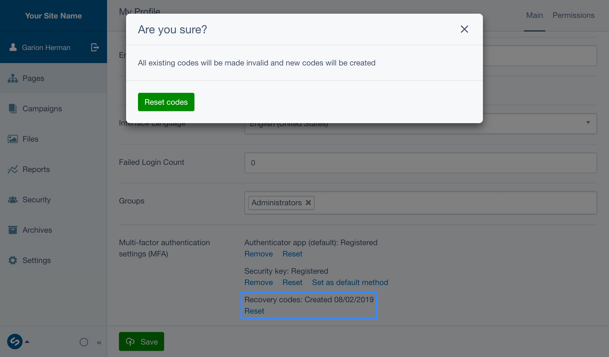 A screenshot of the dialog presented when a user presses the 'Reset' action on their CMS profile